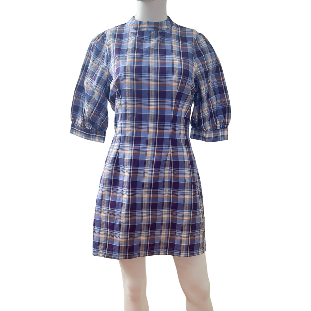 LULUS Wendie Purple Blue Multi Plaid Puff Sleeve Mini Dress S